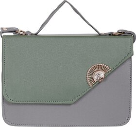 29K Women Grey And Green Regular Use PU Sling Bag With Adjustable Strap