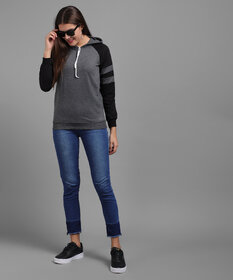 Vivient Women Grey Black Sleeves Stripe Sweatshirt