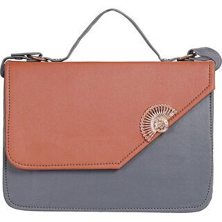 Women Grey And Tan Regular Use PU Sling Bag With Adjustable Strap