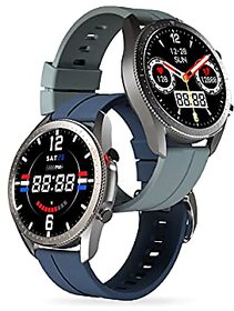 Foxin FoxFit Bold Bluetooth Calling Smart Watch with Fog Grey  Extra Blue Strap Built-in Speaker and Mic HD Round Display Sp02 100+ watch  Continuous Heart Rate Monitor BP IP67 Water and Dustproof.