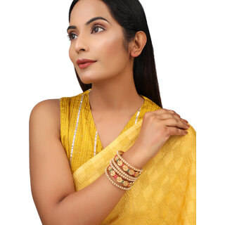 Red Green Kundan Pearl Laxmi Coin 6pc Bridal Bangle Set