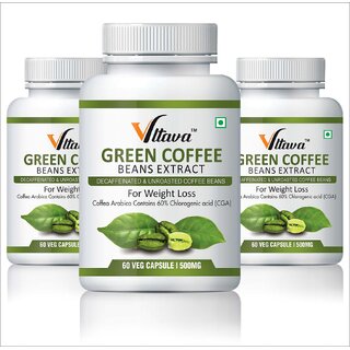 VLTAVA Green Coffee Beans Extract (60 Chlorogenic Acid) Weight Management 500 mg - 60   Veg. Capsules Pack of 3