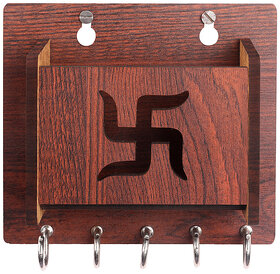 POCKESTER Brown Swastik Design With Mobile Box Wood Key Holder (5 Hooks)