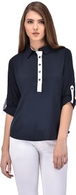 Purys Women Dark Blue Poly Cotton Solid Formal Shirt