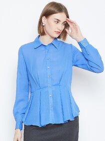 Purys Women Blue Polyester Solid Casual Shirt
