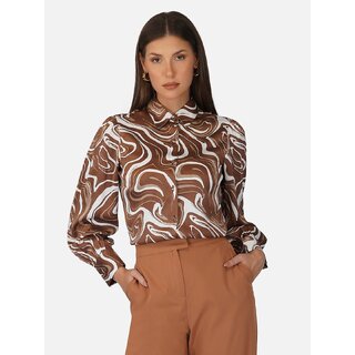 Purys Women Brown Satin Printed Casual Shirt