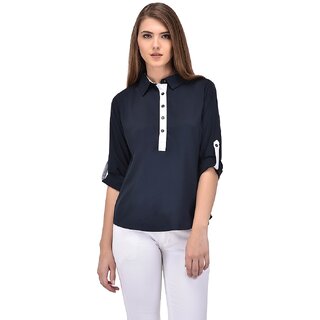Purys Women Dark Blue Poly Cotton Solid Formal Shirt