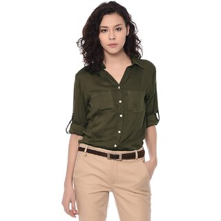 Purys Women Green Cotton Blend Solid Formal Shirt