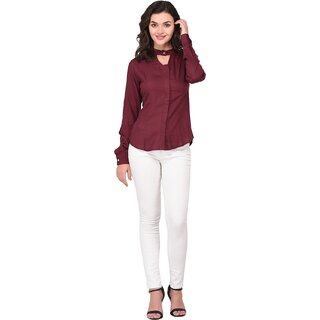 Purys Women Maroon Poly Cotton Solid Casual Shirt