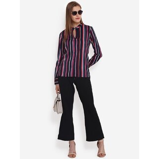 Purys Women Dark Blue Poly Cotton Striped Casual Shirt