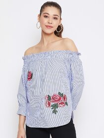 Purys Women White Striped Off Shoulder Top