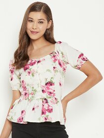 PURYS Women White Printed Peplum Top