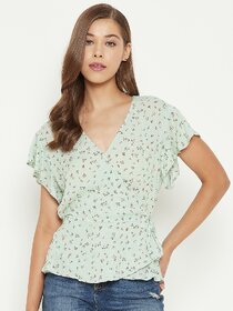 PURYS Women Green Printed Wrap Top