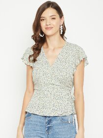 PURYS Women Green Printed Wrap Top