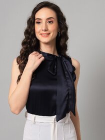 PURYS Women Dark Blue Solid Regular Top