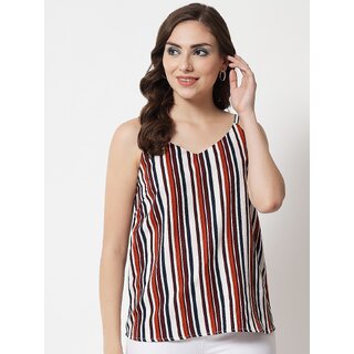 PURYS Women White Striped Regular Top