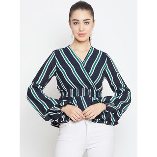 Purys Women Black Striped Regular Fit Casual Top with Short Sleeves