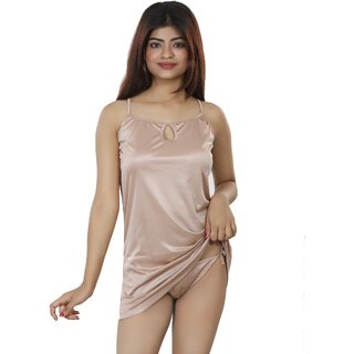 Women Fashionable Nightwear Set of Two, Nighty  Thong, Solid Satin Beige - S