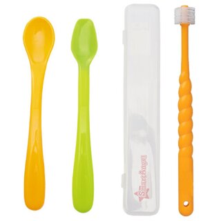 Smart Angel Japan Baby Feeding Spoon Set With Case (2 Pieces) and 360 Degree Kids Toothbrush (Orange), Combo Set