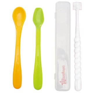Smart Angel Japan Baby Feeding Spoon Set With Case (2 Pieces) and 360 Degree Kids Toothbrush (White), Combo Set