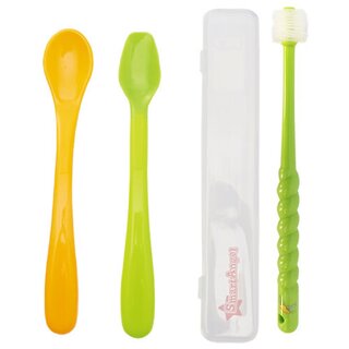 Smart Angel Japan Baby Feeding Spoon Set With Case (2 Pieces) and 360 Degree Kids Toothbrush (Green), Combo Set