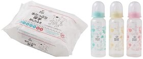 Smart Angel Japan Baby Diaper Wipes (60 Unscented Wipes) and Baby Feeding Bottle (Pack of 3, 250ml Each) Combo Set