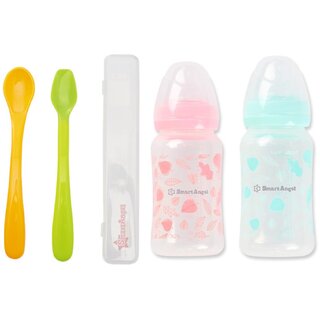 Smart Angel Japan Baby Feeding Spoon Set With Case (2 Pieces) and Baby Feeding Bottle (Pack of 2, 250ml Each), Combo Set