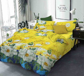 BLACK BEE  White flower on yellow  blue background double bedsheet with 2 Pillow Covers (208 X 213 cm)(BS-02)