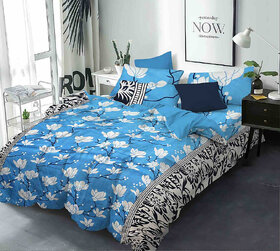BLACK BEE  White lily flowers on aqua blue base double bedsheet with 2 Pillow Covers (208 X 213 cm)(BS-08)