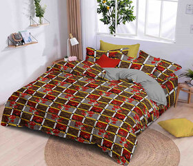 BLACK BEE  Maroon flowers print on brown base double bedsheet with 2 Pillow Covers (208 X 213 cm) (BS4-01)