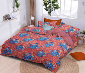 BLACK BEE  Blue flower on pink base bedsheet double bedsheet with 2 Pillow Covers 208 X 213 cm BS408