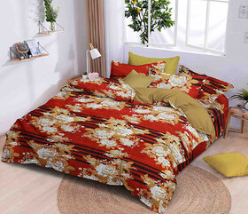 BLACK BEE  White  yellow rose print on rust colour base double bedsheet with 2 Pillow Covers (208 X 213 cm)(BS8-05)