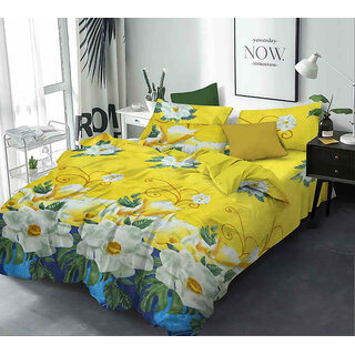 BLACK BEE  White flower on yellow  blue background double bedsheet with 2 Pillow Covers (208 X 213 cm)(BS-02)