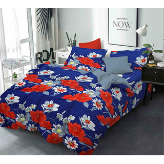 BLACK BEE  Blue bedsheet with red and grey flower print
double bedsheet with 2 Pillow Covers (208 X 213 cm)(BS-07)