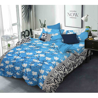 BLACK BEE  White lily flowers on aqua blue base 
double bedsheet with 2 Pillow Covers (208 X 213 cm)(BS-08)
