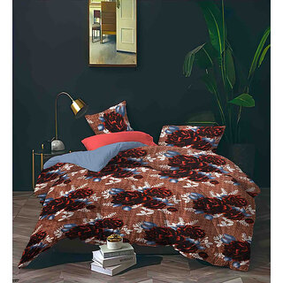 BLACK BEE  Maroon flowers print on brown 
double bedsheet with 2 Pillow Covers (208 X 213 cm)(BS4-03)