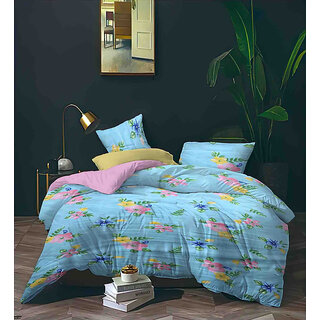 BLACK BEE  Baby blue flowar print 
double bedsheet with 2 Pillow Covers (208 X 213 cm)(BS6-07)