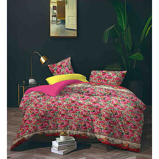 BLACK BEE  Pink flowers  print on Pinkbase double bedsheet with 2 Pillow Covers (208 X 213 cm)(BS8-02)