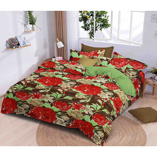 BLACK BEE  Red hibiscus flowers print on brown base double bedsheet with 2 Pillow Covers (208 X 213 cm)(BS8-03)