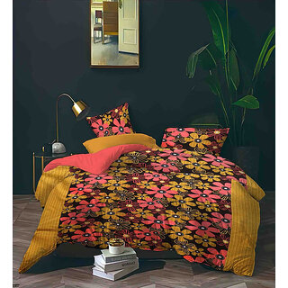 BLACK BEE  Pink  yellow flowers print on brown base 
double bedsheet with 2 Pillow Covers (208 X 213 cm)(BS8-04)