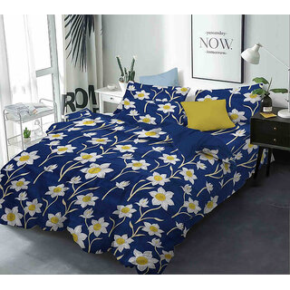 BLACK BEE  White flowers print on navy blue base 
double bedsheet with 2 Pillow Covers (208 X 213 cm)(BS8-08)