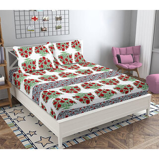 BLACK BEE  Jaipuri Red flowers print 
 3D double bedsheet with 2 Pillow Covers (208 X 213 cm)(BS17-03)