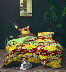 BLACK BEE Yellowflowers print on reddish,brown doublebedsheet with 2Pillowcovers (208X213cm)(BS8-01)