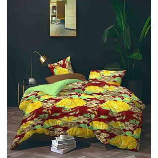 BLACK BEE Yellowflowers print on reddish,brown doublebedsheet with 2Pillowcovers (208X213cm)(BS8-01)