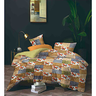 BLACK BEE Brown Designer with checks,floral print doublebedsheet with 2Pillowcovers (208X213cm)(BS4-02)
