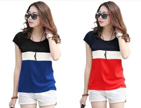 MARVENT Womens Blue, Red Round Neck T-Shirt (Pack of 2)