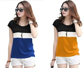 MARVENT Womens Blue, Mustard Round Neck T-Shirt (Pack of 2)