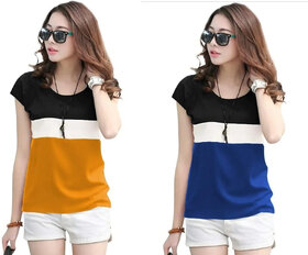 MARVENT Womens Mustard, Blue Round Neck T-Shirt (Pack of 2)