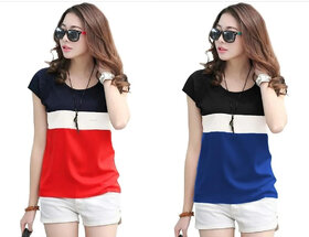 MARVENT Womens Red, Blue Round Neck T-Shirt (Pack of 2)