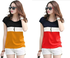 MARVENT Womens Mustard, Red Round Neck T-Shirt (Pack of 2)